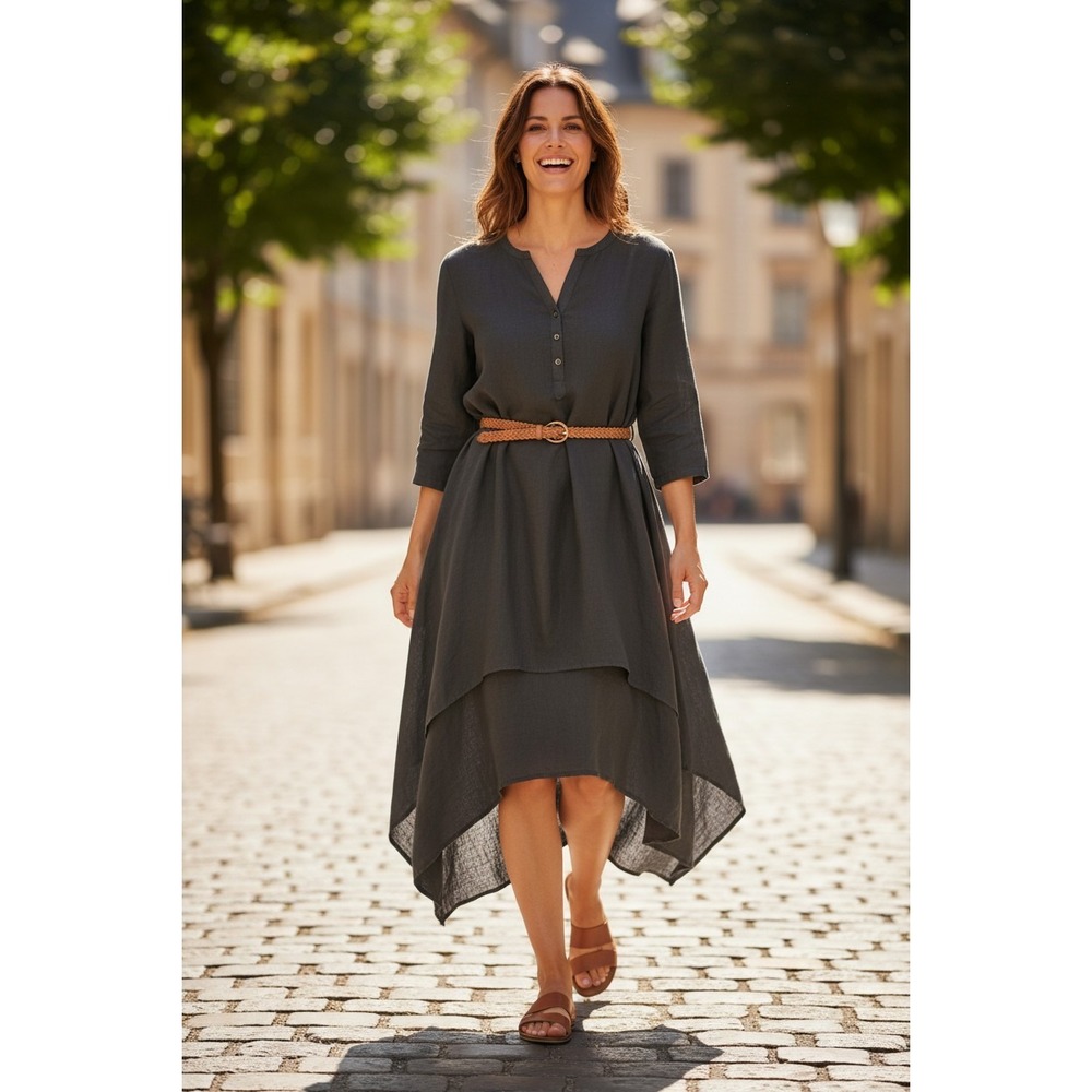 NWT Artisan Earthy Charcoal Oversized High Low Dress Flowy Long Slve X–4XL DAYOU